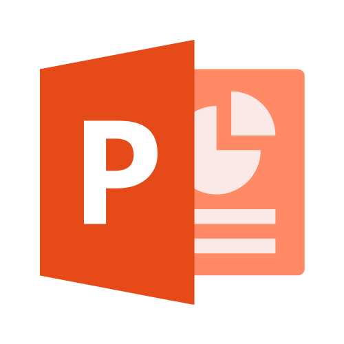 powerpoint logo, orange red, open book with pie chart in the background 